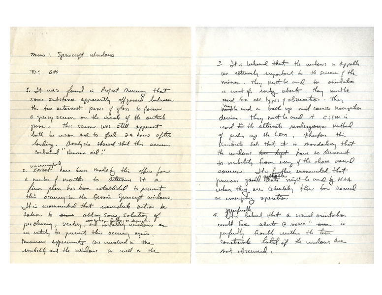Gordon Cooper Handwritten Memos From Circa 1964 Regarding Spacecraft Windows -- Cooper Warns NASA of Possible Dangers During the Gemini & Apollo Missions